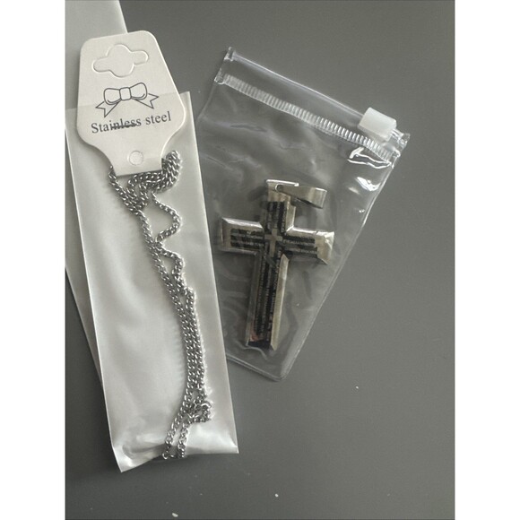 Stainless Steel Cross Pendant Scripture Silver Plated 24 Inch Chain Religious - Picture 6 of 6